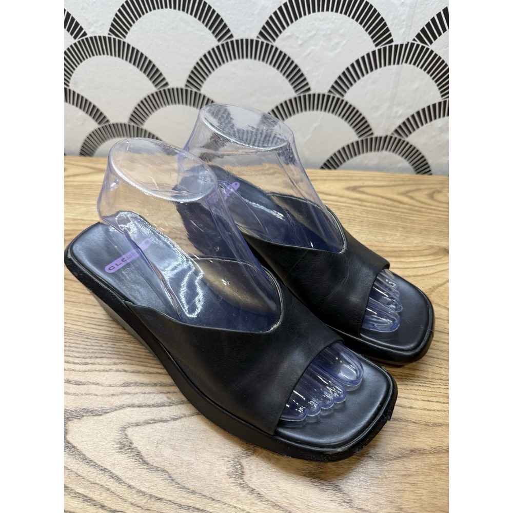 VTG Nine‎ West Cloud 9 Black Wedge Slides Slip On Leather | 90s Y2K Grunge Sz 7